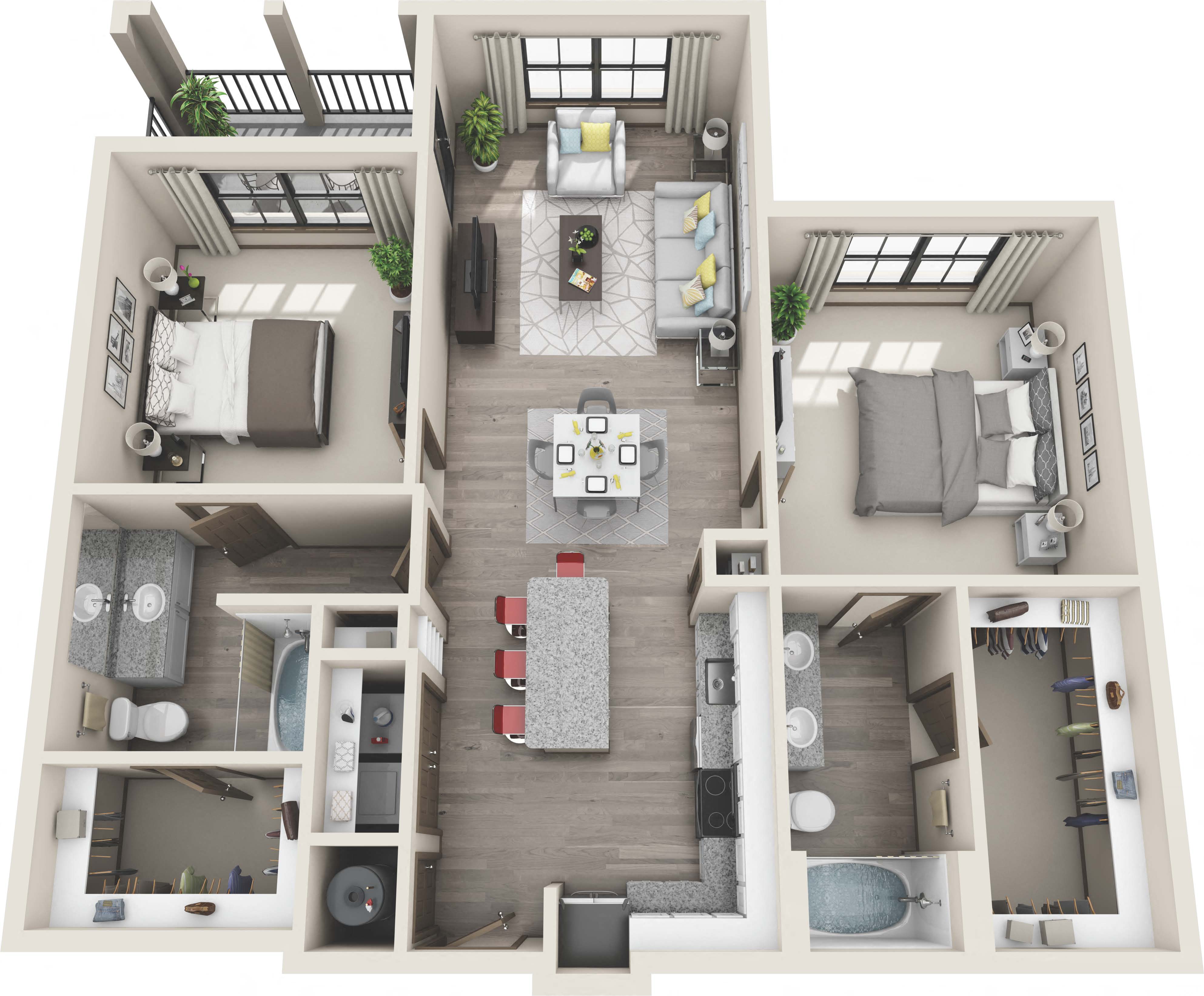 Floor plan for 2 beds, 2 baths, 1175 sqft
